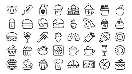 Restaurant & Beverage Icon Set – 40 Outline Icons, Food and Drink Line Art Vector