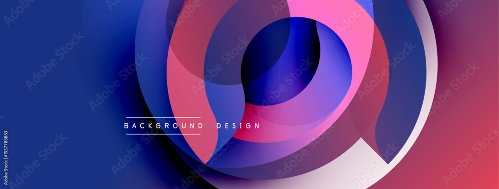 Poster abstract layers create dynamic composition. blue, pink, purple hues blend, forming circular shapes. 