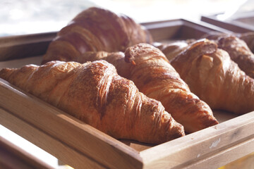 Freshly baked croissants displayed on a wooden tray