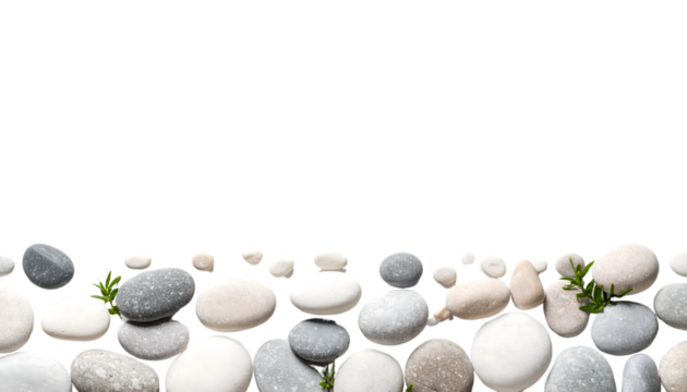Smooth stones and sprigs of greenery isolated on transparent background
