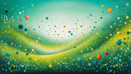 Abstract wave landscape in teal and yellow with floating spheres