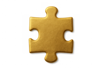 Single golden jigsaw puzzle piece representing problem solving, strategy, and solution on a transparent background