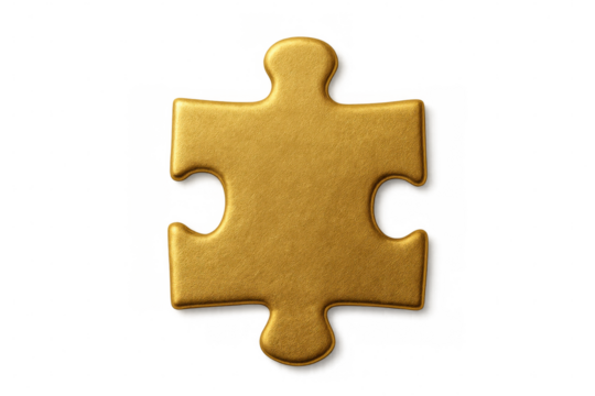 Single golden jigsaw puzzle piece representing problem solving, strategy, and solution on a transparent background