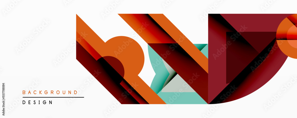 Poster Abstract geometric composition. Overlapping shapes create dynamic visual effect. Warm colors dominate, contrasted by cool teal accents. Modern design element.