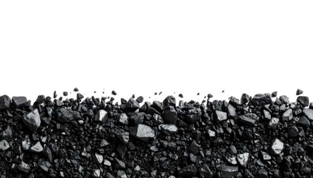 A pile of black coal with a clean white backdrop isolated on transparent background