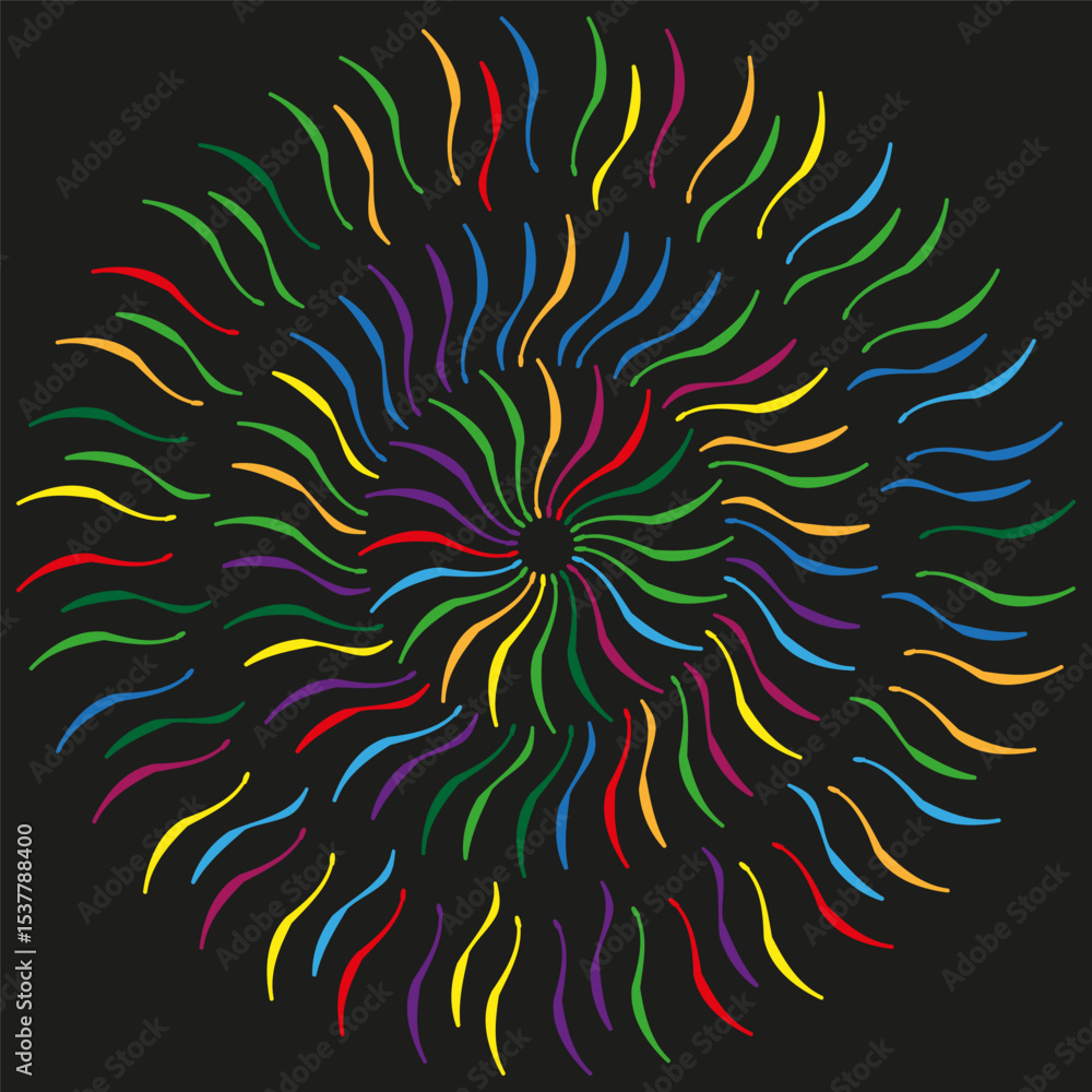 Poster color spiral vector. radiating curved lines. mandala shape pattern. black background flow.