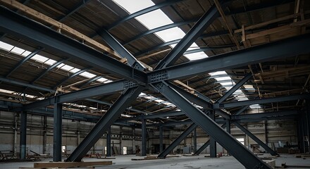 view of the connection of metal and wooden beams. Steel roof frame under construction. The interior of a big industrial building or factory with steel constructions.