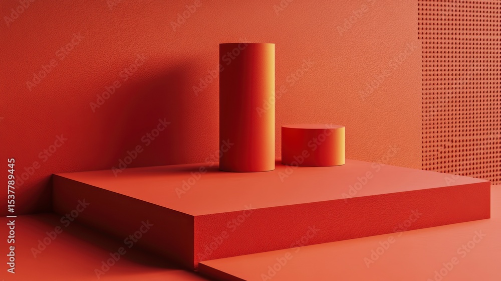 Poster red geometric shapes on platform; minimal, abstract 3d render.
