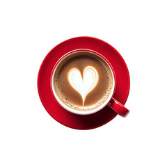 Overhead shot of a red coffee cup with latte art shaped as a heart PNG file isolated on transparent background cut out, clipping path, social media.
