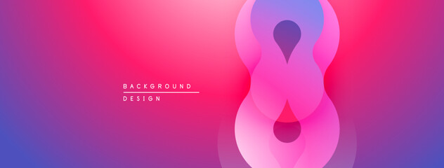 Abstract gradient background features overlapping shapes. Pink, purple, blue hues create smooth transition. Modern design element.