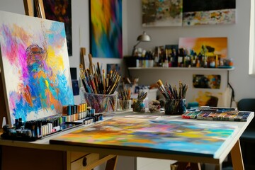 A digital artist's studio with creative tools and vibrant artworks, Creative scene, Digital artistry style