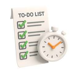 To-Do List with Stopwatch – 3D Task Management Icon 3d White paper task management todo check list, fast summary
