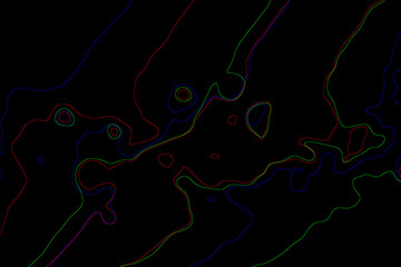 "A black-background contour map displays red, green, blue, and yellow lines representing elevation or intensity values of a 2D surface phenomenon."

