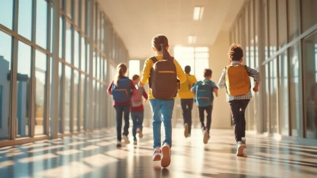 Back View of Diverse School Children Running Down Sunny Hallway with Backpacks