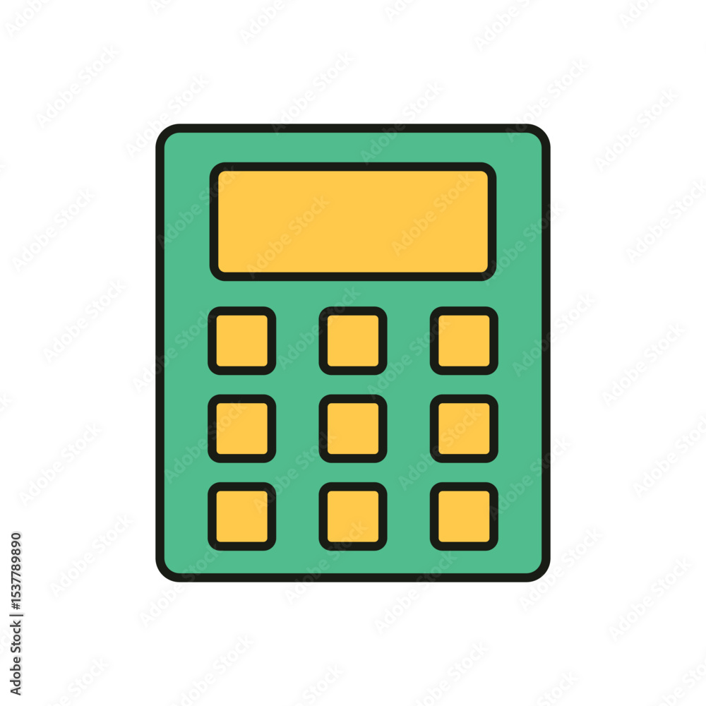 Poster simple green electronic calculator with yellow buttons and display isolated on white background