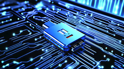 Circuit board with a blue electronic component.  3D rendered image of a modern digital device connection. Potential use for technology articles, websites, or presentations