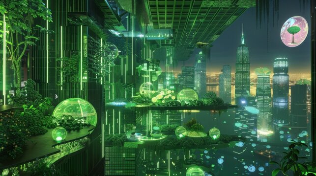 A digital artwork of a green energy cityscape with floating gardens and renewable energy-powered skyscrapers, surrounded by holographic projections of sustainable living practices