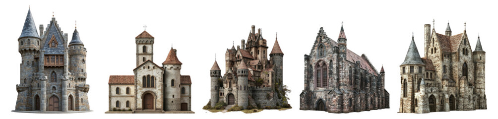Fototapeta premium Exquisite Medieval Architecture with Towers and Detailed Facades Isolated Transparent Background