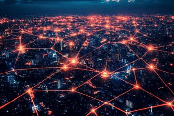 A digital network overlaying a cityscape, illustrating connectivity and technology integration.