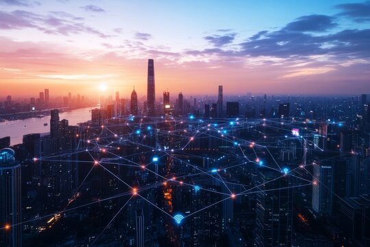 A vibrant cityscape at sunset with a network overlay, showcasing urban connectivity and technology.