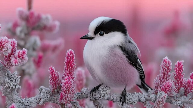Long tailed tit perched on a frosted branch in a pink winter wonderland nature scene in winter