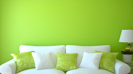 Empty room with white sofa and green accents. Interior design idea.  Possible use in home decor catalogues