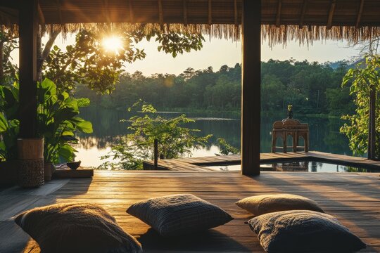 A digital detox retreat with serene nature views and wellness activities, Retreat scene, Nature escape style