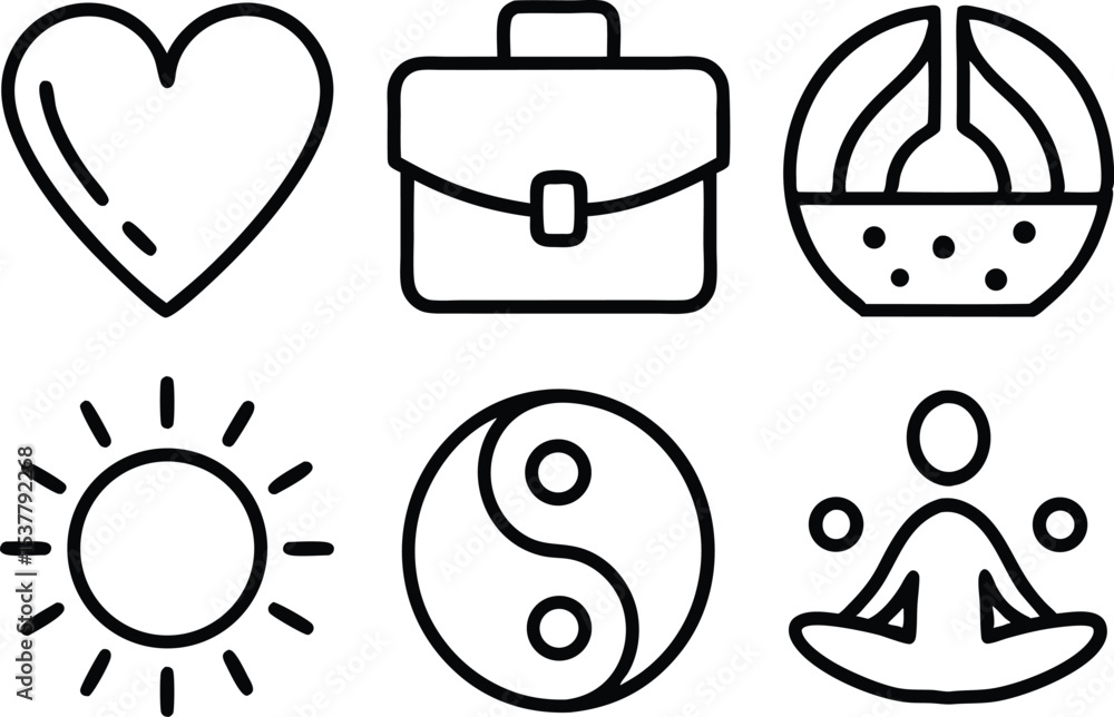 Poster outline icon set depicting life balance concepts isolated on transparent background