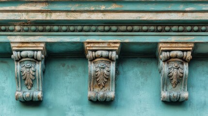 Naklejka premium Three ornate, weathered corbels on a teal wall.