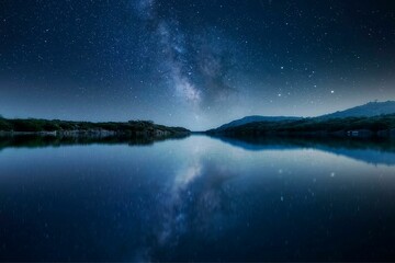 A serene lake reflecting the night sky with twinkling stars, created with artificial intelligence