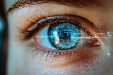 A futuristic eye with digital elements reflecting technology and data visualization.