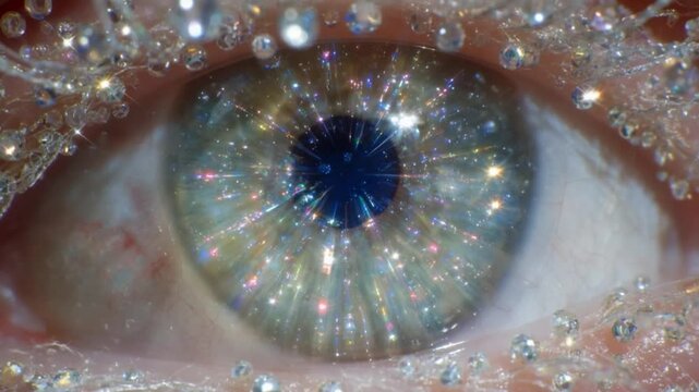 Macro shot of a human eye with sparkling makeup reflecting cosmic starlight and radiant beauty