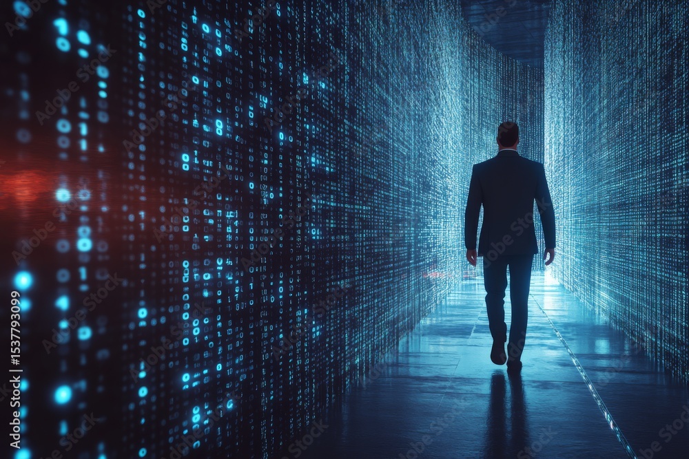 Poster a figure walks through a digital corridor filled with glowing data streams.