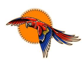 Colorful Scarlet Macaw Flying with Sunset Circle – Traditional Tattoo Style Illustration