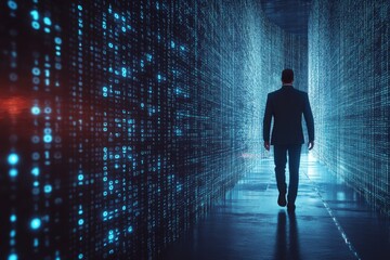 Fototapeta premium A figure walks through a digital corridor filled with glowing data streams.