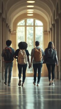 Back View of Diverse College Students Walking Down University Hallway Together