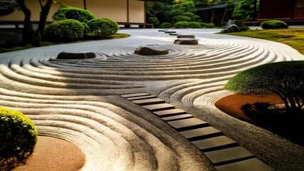 Ground level view of a raked zen garden with stones, raked patterns, and topiary shrubs.
