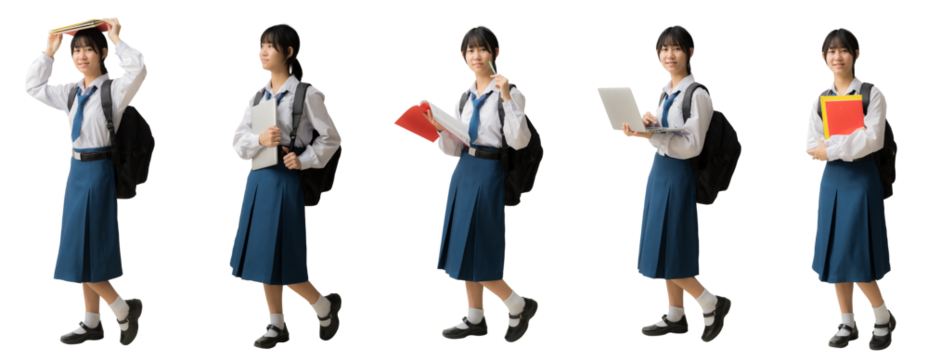 PNG, Group of Asian young girls wearing Thai school uniform happy smiling standing posing carrying a bag and holding books, holding laptop computer, Full body isolated on white background