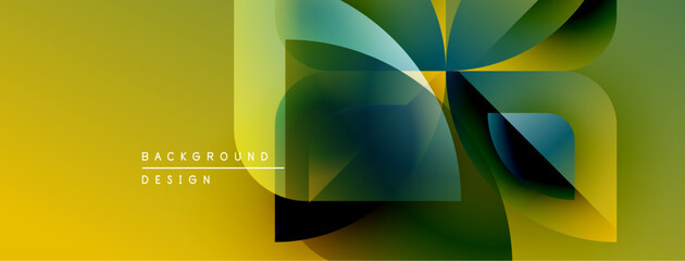 Abstract geometric design. Vivid colors blend, creating dynamic visual experience. Yellow dominates, accented by greens, blues. Modern aesthetic.