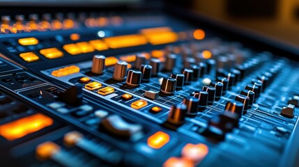 Audio console illuminated with knobs, lights, and sliders