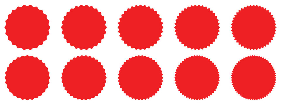 Set of red starburst, sunburst badges, Sale sticker, price tag, starburst icon set , Circle sticker set. Wavy edge promo red badges. Star burst shape tags for price. Red sale tag
