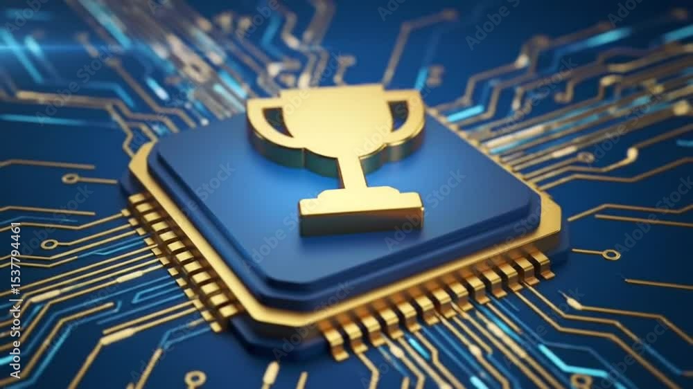 Aufkleber gold trophy on blue microchip illustrating technology achievement with intricate circuit board patte