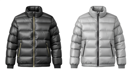 Grey and black puffer jacket isolated on transparent background