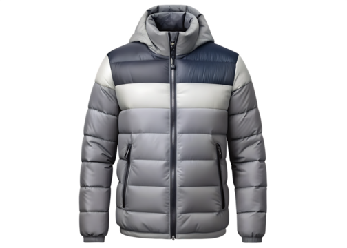 Grey and black puffer jacket isolated on transparent background