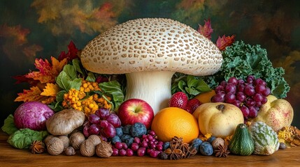 Autumn harvest still life with large mushroom centerpiece