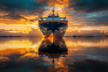 Fototapeta premium A majestic ship silhouetted against a vibrant sunset, reflecting on calm waters.