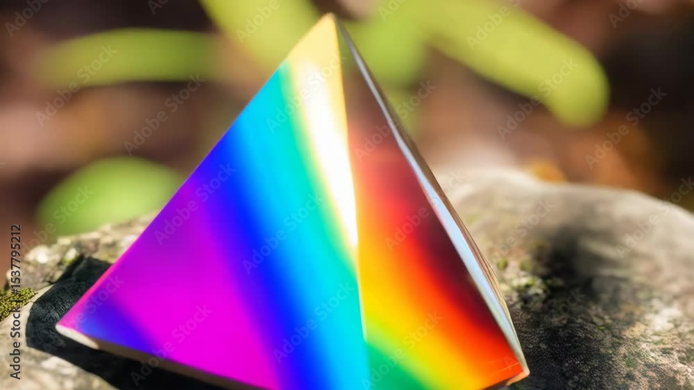Poster iridescent pyramid prism on a rock reflecting colorful light in a nature setting, creating vibrant r