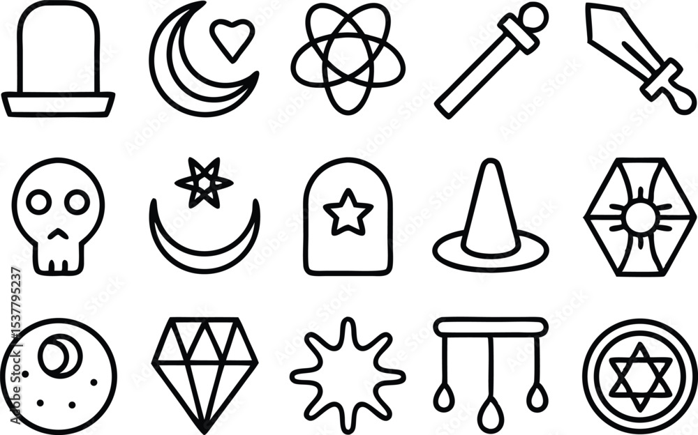 Poster a collection of magical and mystical line icons in an outline style isolated on transparent backgrou