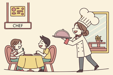 Happy kids enjoying meal service by cheerful chef in restaurant