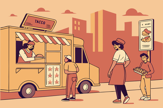 Delicious taccos food truck scene illustration, clean cutout